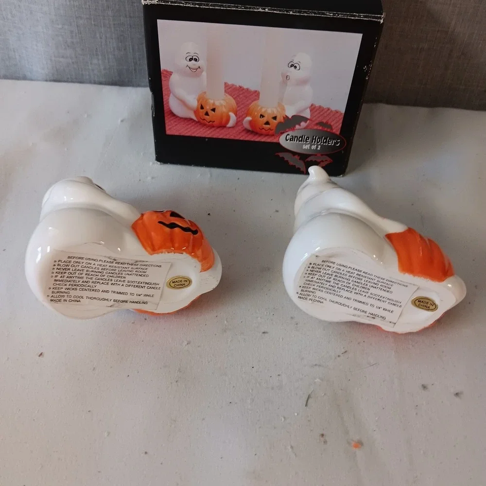 Vintage Halloween Ceramic Ghost Pumpkin Taper Candle Holders Set of 2 Decor